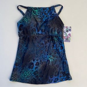 Hapari Tanktini Swim Top Womens Small Animal Print Blue Black High-Neck NEW